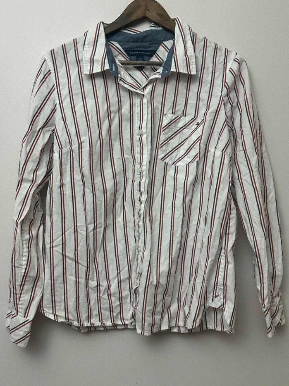 Tommy Hilfiger Women's Large White Red Navy Striped Button Down Shirt Blouse